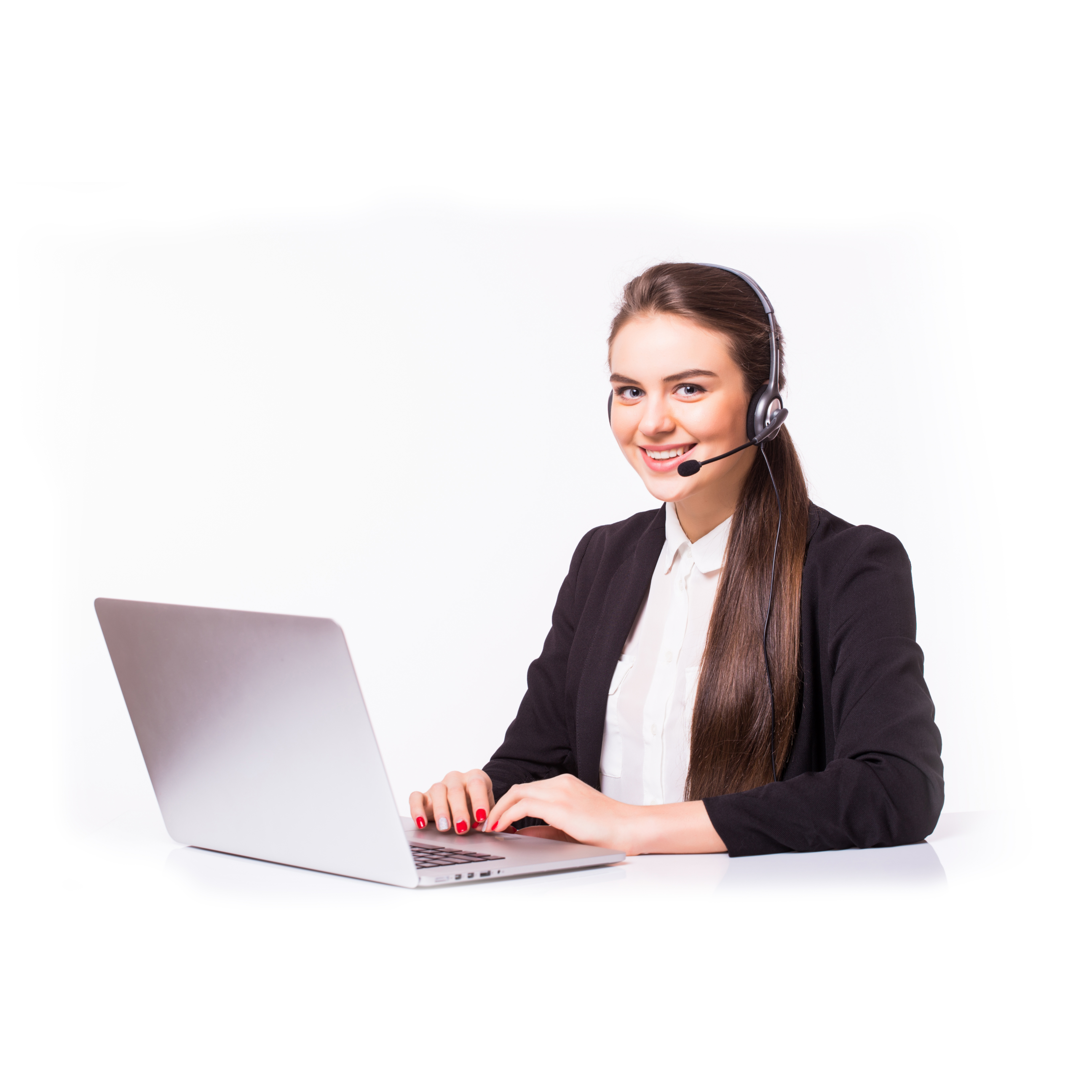 woman with headset typing on laptop
